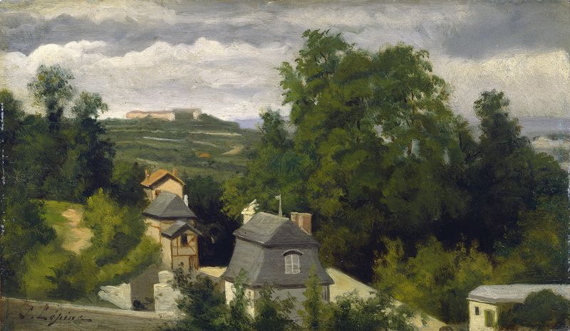Paisagem de Stanislas Lépine, óleo sobre tela representando um campo tranquilo com um céu pastel.