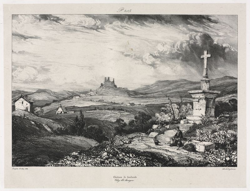 Château de Larderole de Eugène Isabey, pintura al óleo que representa un paisaje distante con un château y cielo apagado.