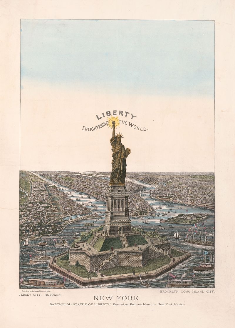 Litografía de Charles Magnus que representa la Estatua de la Libertad en un puerto.