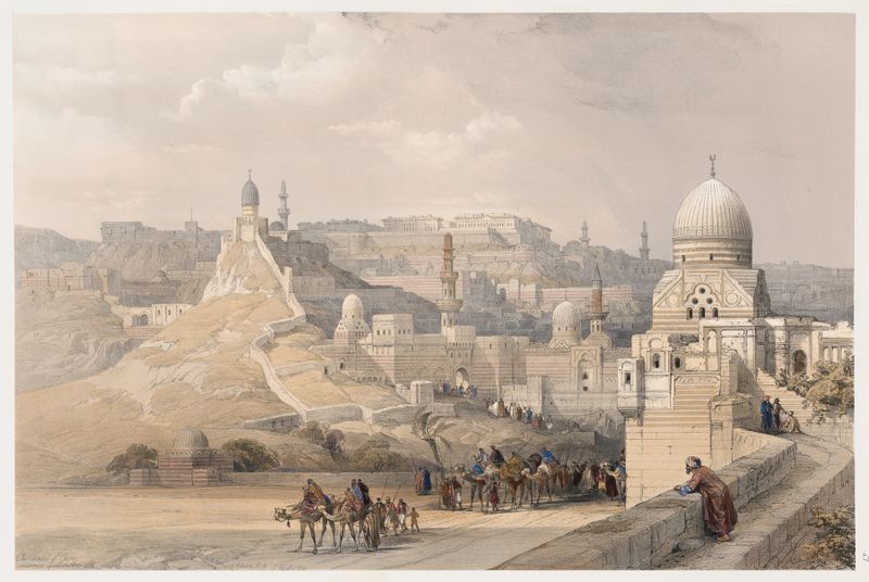 A Cidadela do Cairo, óleo sobre tela de David Roberts, apresentando arquitetura antiga sob a luz do sol.