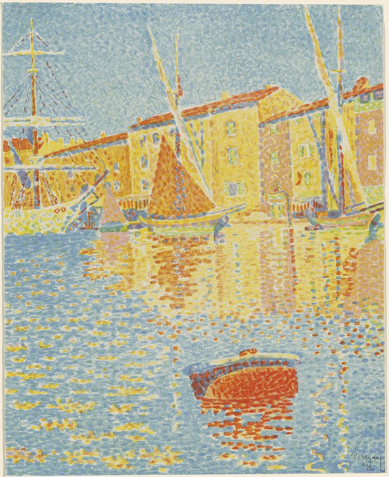 La bouée de Paul Signac, óleo sobre lienzo que muestra una escena costera con una boya roja brillante.