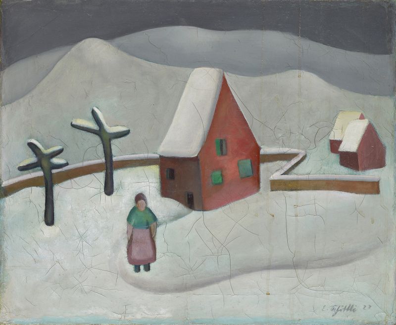 Paisagem de inverno com uma casa vermelha, pintura a óleo de Emanuel Schöttli