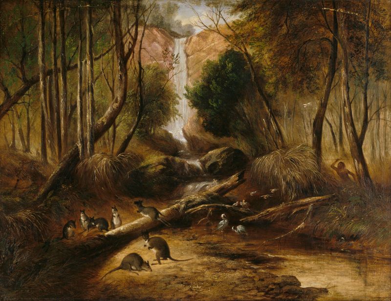Bush landscape with waterfall and an aborigine stalking wildlife, oil on canvas by John Skinner Prout