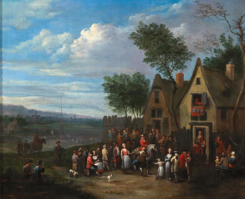 Uma paisagem com camponeses, pintura a óleo de Karel Breydel, com colinas e um céu crepuscular.
