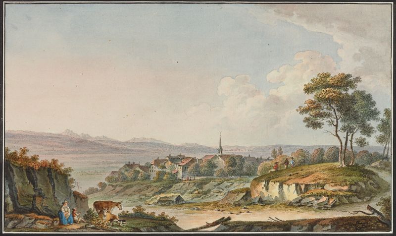 Vue de Constantine prés d’Avenche by Joseph Emmanuel Curty, oil on canvas depicting a serene landscape.