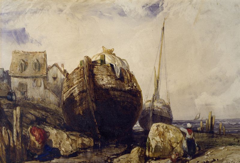 Fishing Boats by Eugène Isabey, oil painting depicting boats on water with golden light