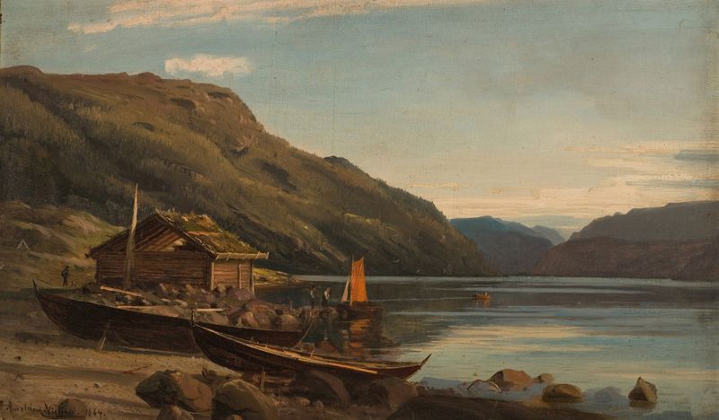 Fra Suldalsvann de Amaldus Nielsen, pintura a óleo de um lago tranquilo e paisagem serena.