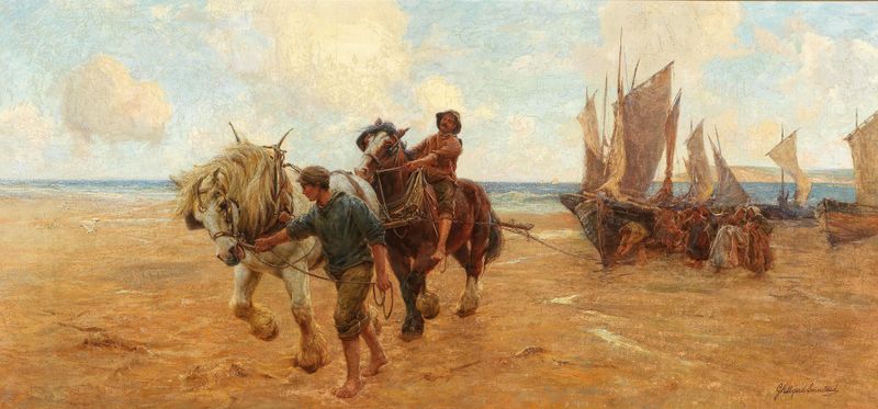 Pintura a óleo de George Hillyard Swinstead mostrando barcos no oceano com luz do sol.