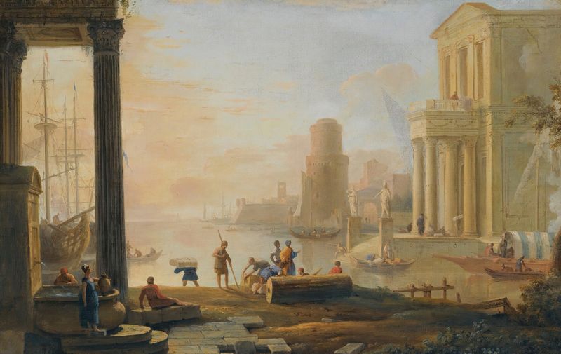 A Capriccio Of A Classical Seaport City At Sunset, oil on canvas by Marco Ricci