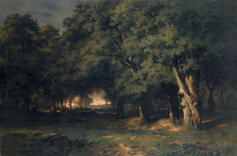 Paisaje forestal con caza de ciervos, óleo de Alexandre Calame