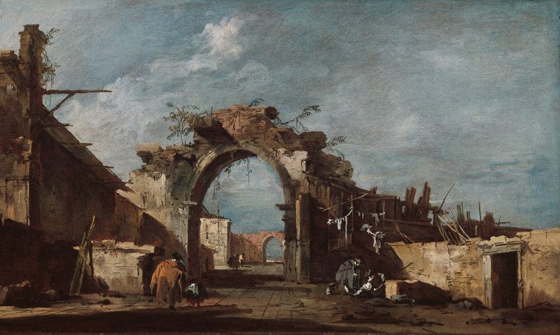Ruined Archway de Francesco Guardi, óleo sobre lienzo que muestra piedras en ruinas y vegetación vibrante.