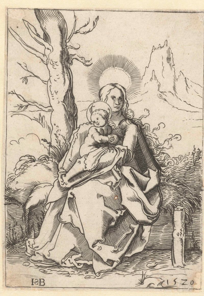 Grabado de Hans Sebald Beham que representa a María con un niño y una manzana