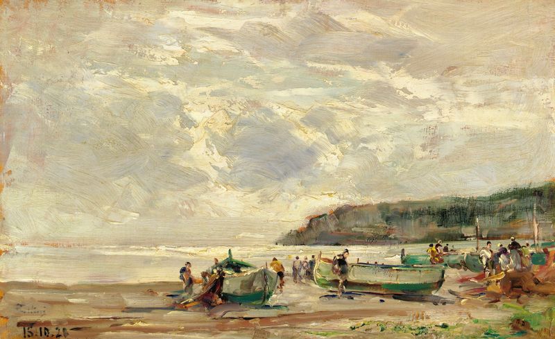 Cena marinha de Spiaggia Di Noli por Carlo Follini, pintura a óleo que retrata ondas e pôr do sol.