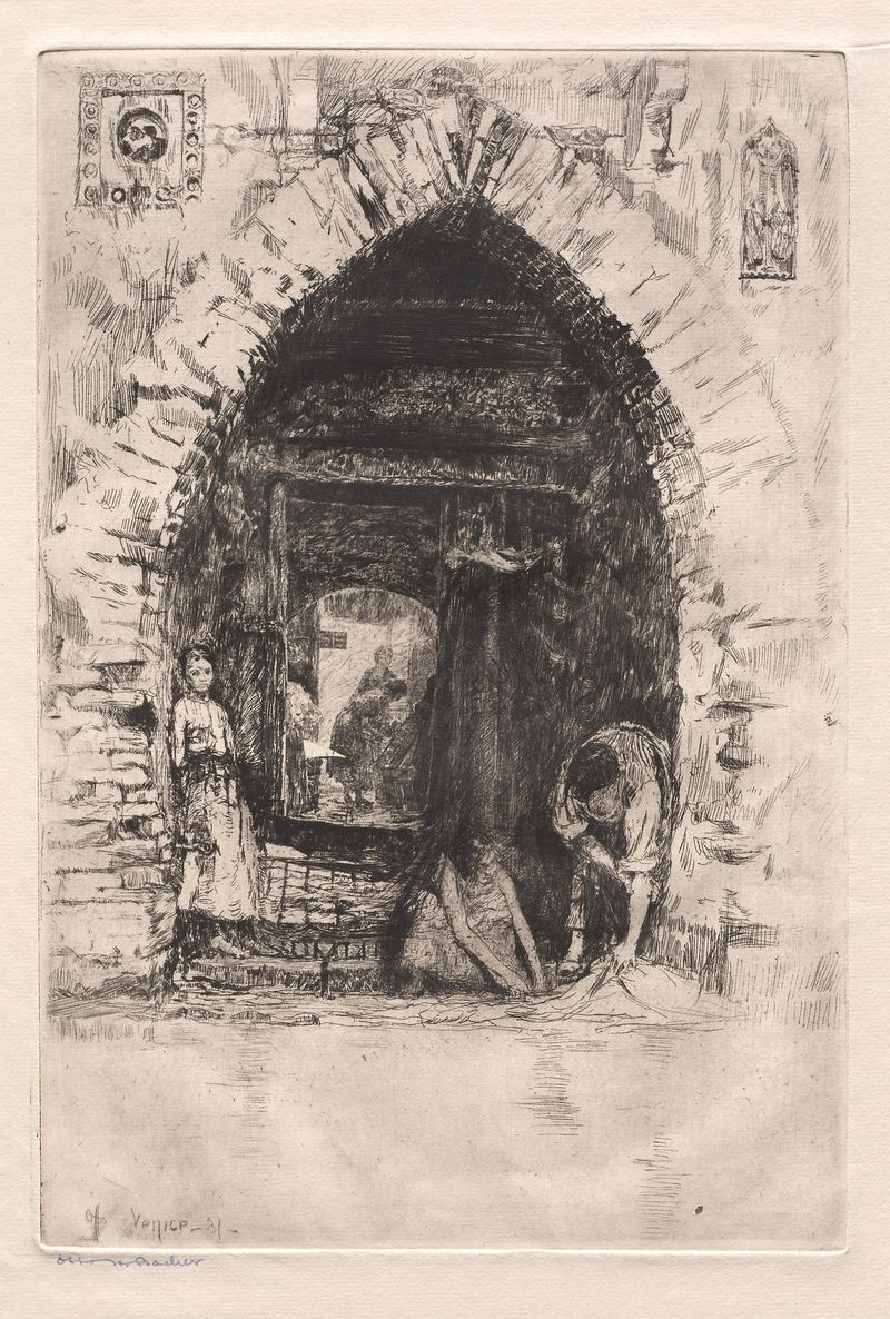 Laundry de Otto Henry Bacher, acuarela sobre papel, que representa un interior sereno con luz solar y lavandería.