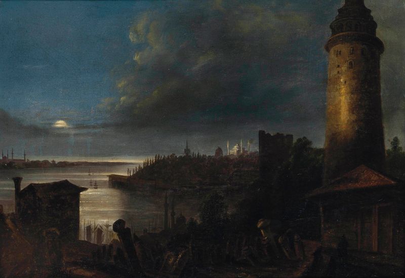 O Bósforo ao luar, óleo sobre tela de Dominik Kottulla, retratando água cintilante e luz da lua.