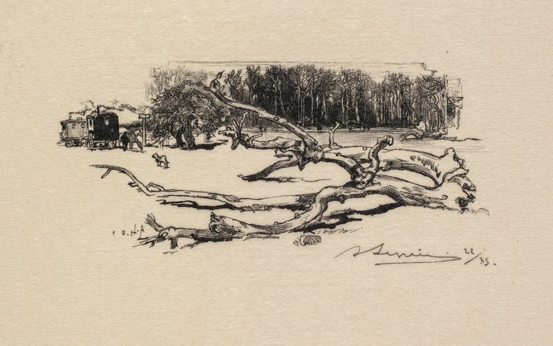 Paisagem de Auguste Louis Lepère, retratando uma interseção serena com um caminho sinuoso, pintura a óleo