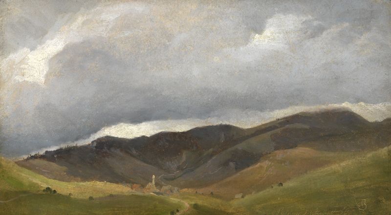 Paisaje con montañas y cielos tormentosos, pintura al óleo de Eugen Bracht