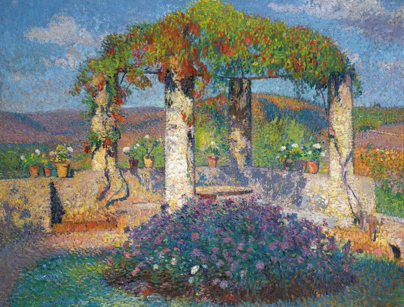 Paisaje con follaje exuberante y luz filtrada, pintura al óleo de Henri Martin