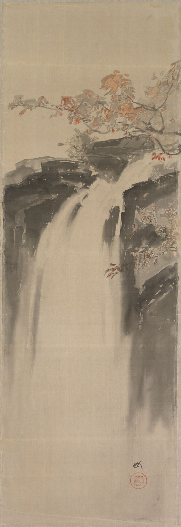 Ukiyo-e de Yoshida Hiroshi, que representa una cascada sobre rocas en suaves tonos azules.