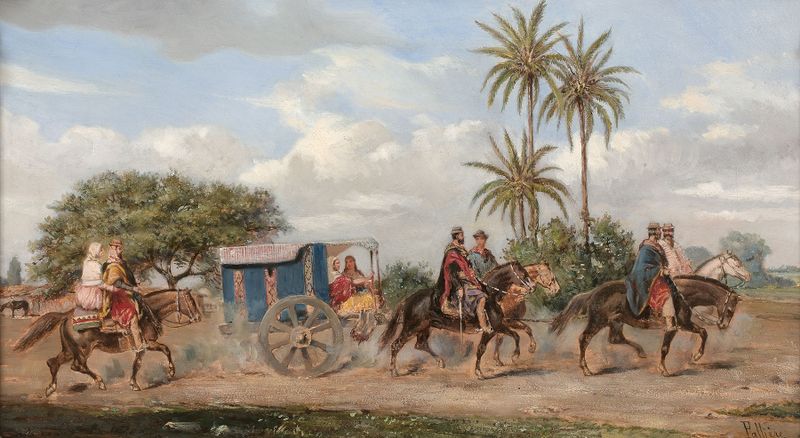 Une caravane de gauchos crossing the Pampa, oil on canvas by Juan León Pallière