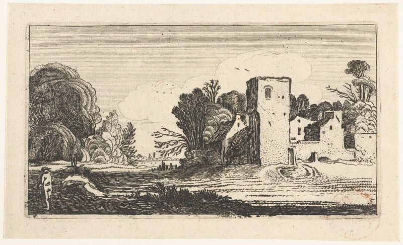 Landschap met vierkante toren bij huizen, gravura de Unknown Artist retratando uma vila com uma torre quadrada.