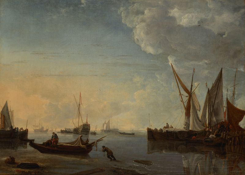 Oil on canvas by Hendrick Jacobsz. Dubbels depicting ships at sunset over calm waters.