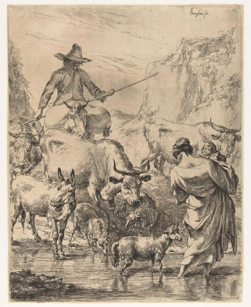 Grabado de Nicolaes Pietersz Berchem de un pastor cruzando un arroyo con ovejas.