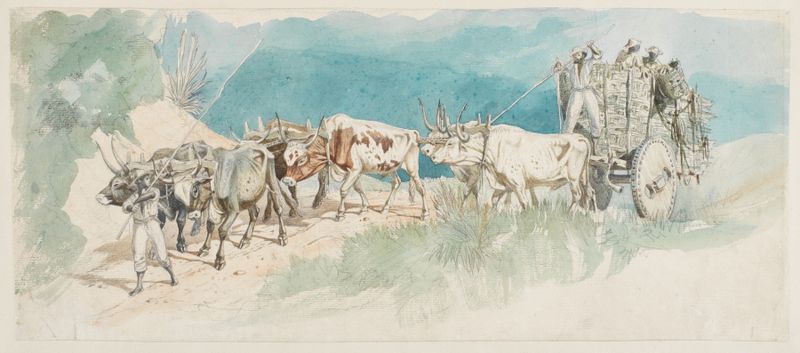 Realism artwork by Ferdinand Keller depicting a six-buffalo team in detail