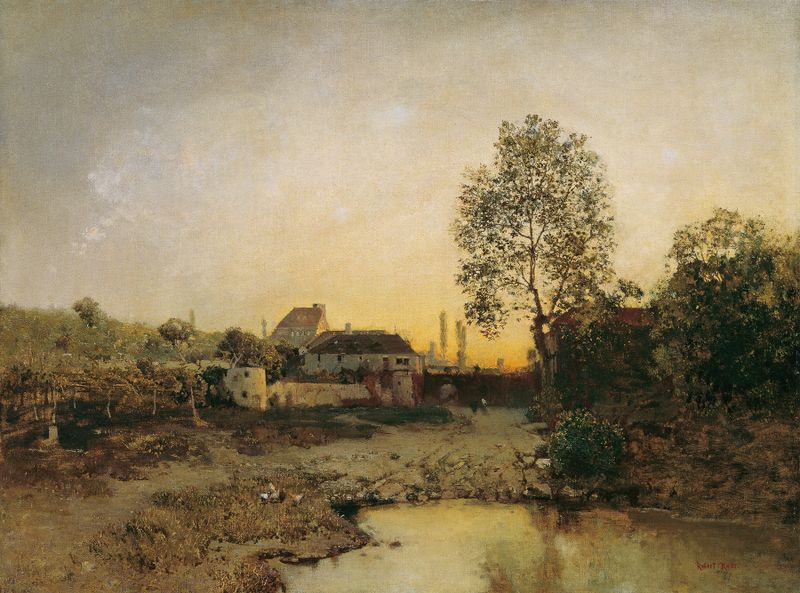 Landschaft mit Weiher und Gehöften de Robert Russ, óleo sobre tela que retrata uma paisagem serena com um lago.