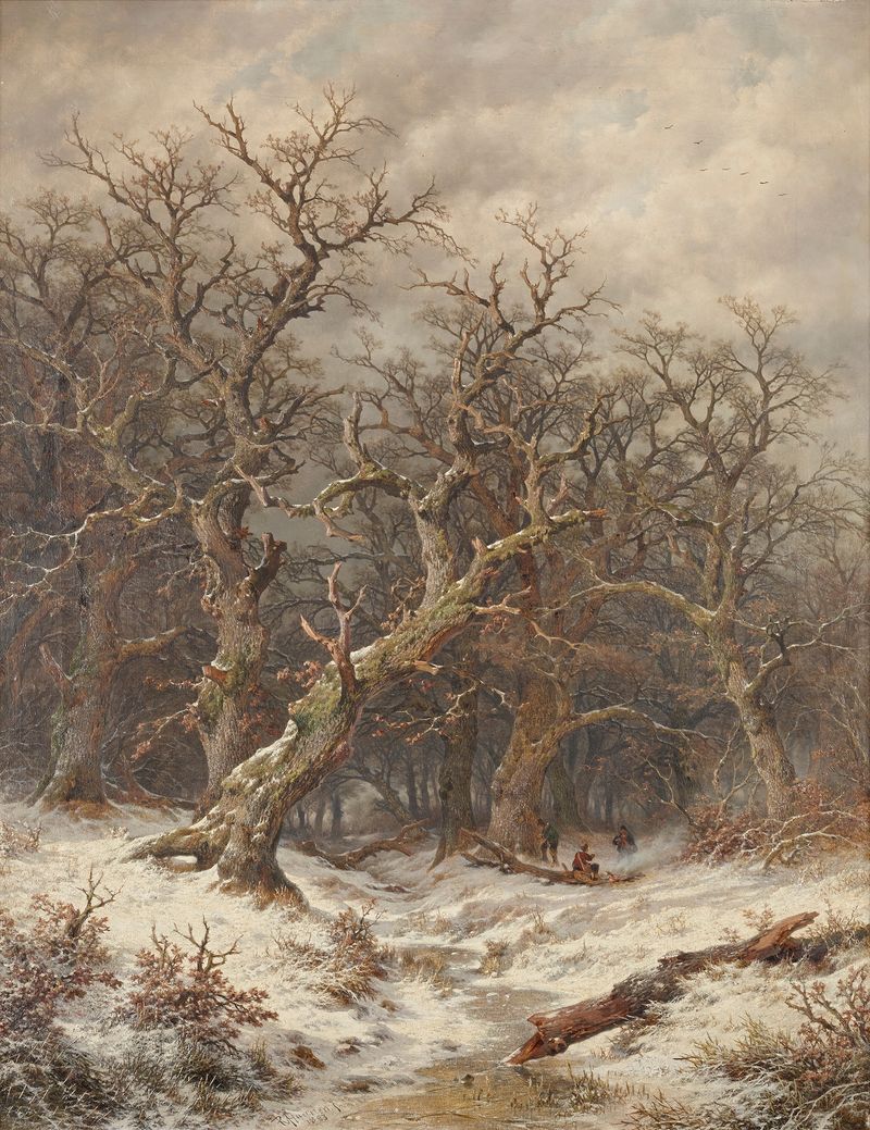 Winterlandschaft (Winterwald) by Remigius Adrianus van Haanen, oil on canvas, depicting a snowy forest with dark tree trunks.