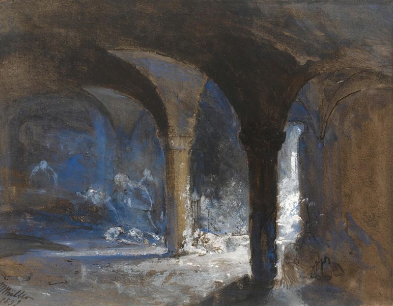 Oil painting by William James Müller depicting a crypt illuminated by lantern light