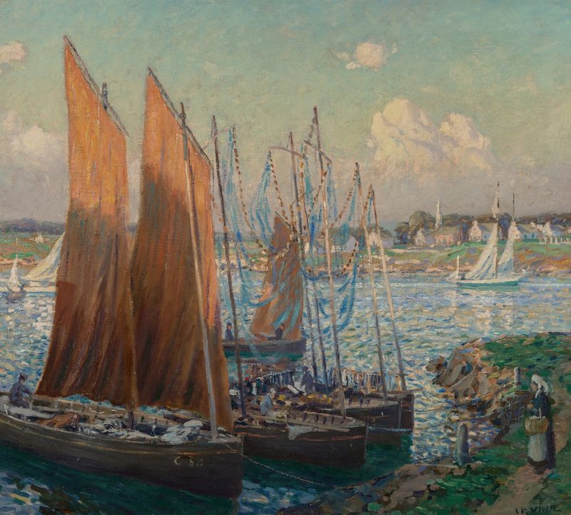 Marine scene with boats on water, sunlight reflections, by Wilson Henry Irvine, oil painting