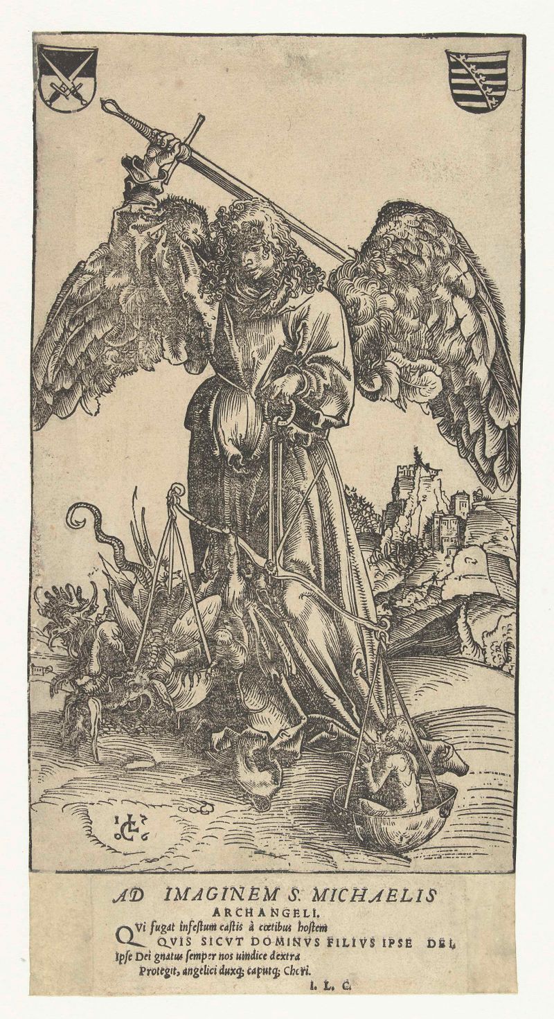 Aartsengel Michaël doodt Satan en weegt een ziel, papel, Lucas Cranach