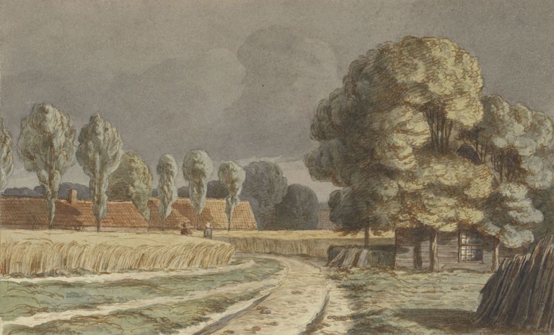 Landscape of wheat fields under a stormy sky by Hendrik Abraham Klinkhamer, oil painting.