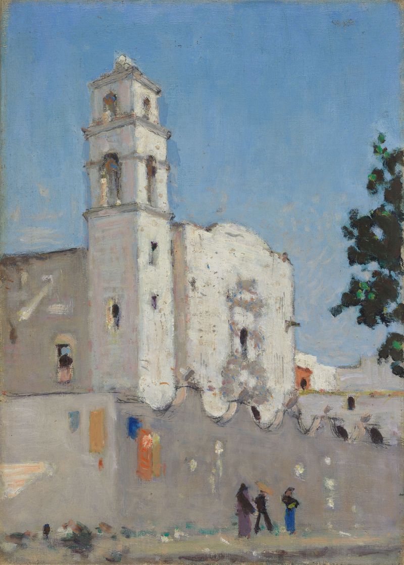 Landscape with Church and Figures de Denman Waldo Ross, óleo sobre lienzo que muestra colinas, árboles y figuras.