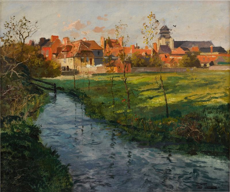 Landscape of a village by a stream, oil painting by Frits Thaulow