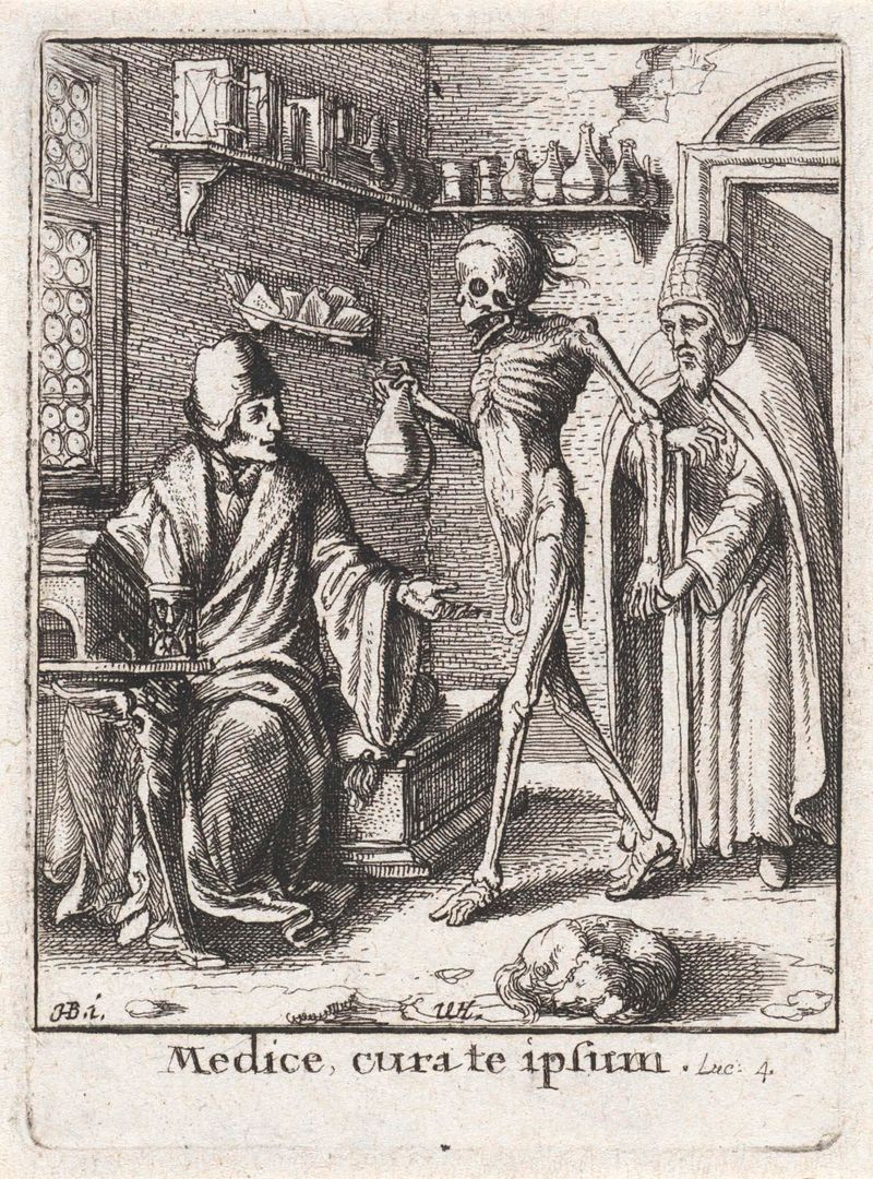 Grabado alegórico de Wenceslaus Hollar que representa las artes y la muerte.