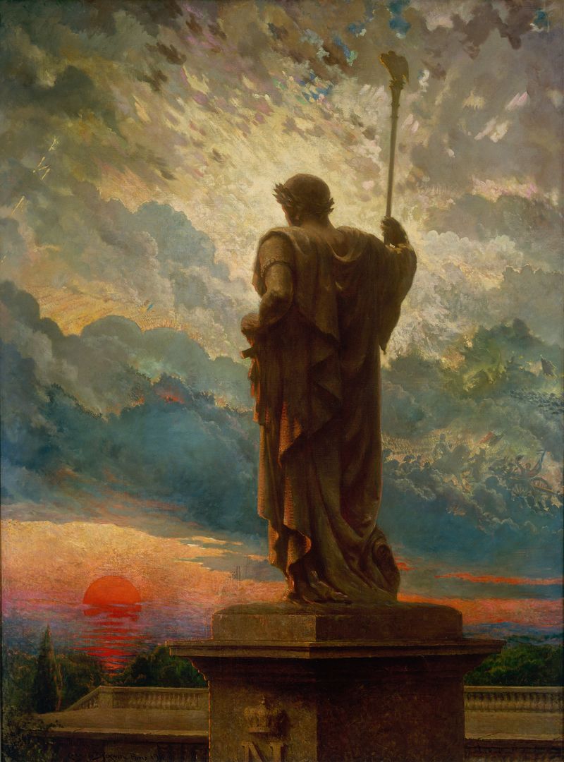 Figurative oil painting by James Carroll Beckwith, featuring a figure in luxurious fabric with deep blue and gold hues.