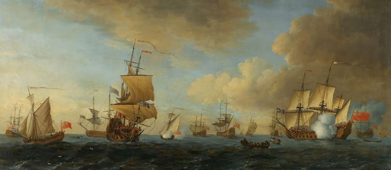 Marine scene with a frigate under sail firing a gun by John Cleveley the elder, oil painting