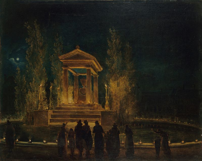 Escena histórica de un mausoleo por la noche, pintura al óleo de Hubert Robert
