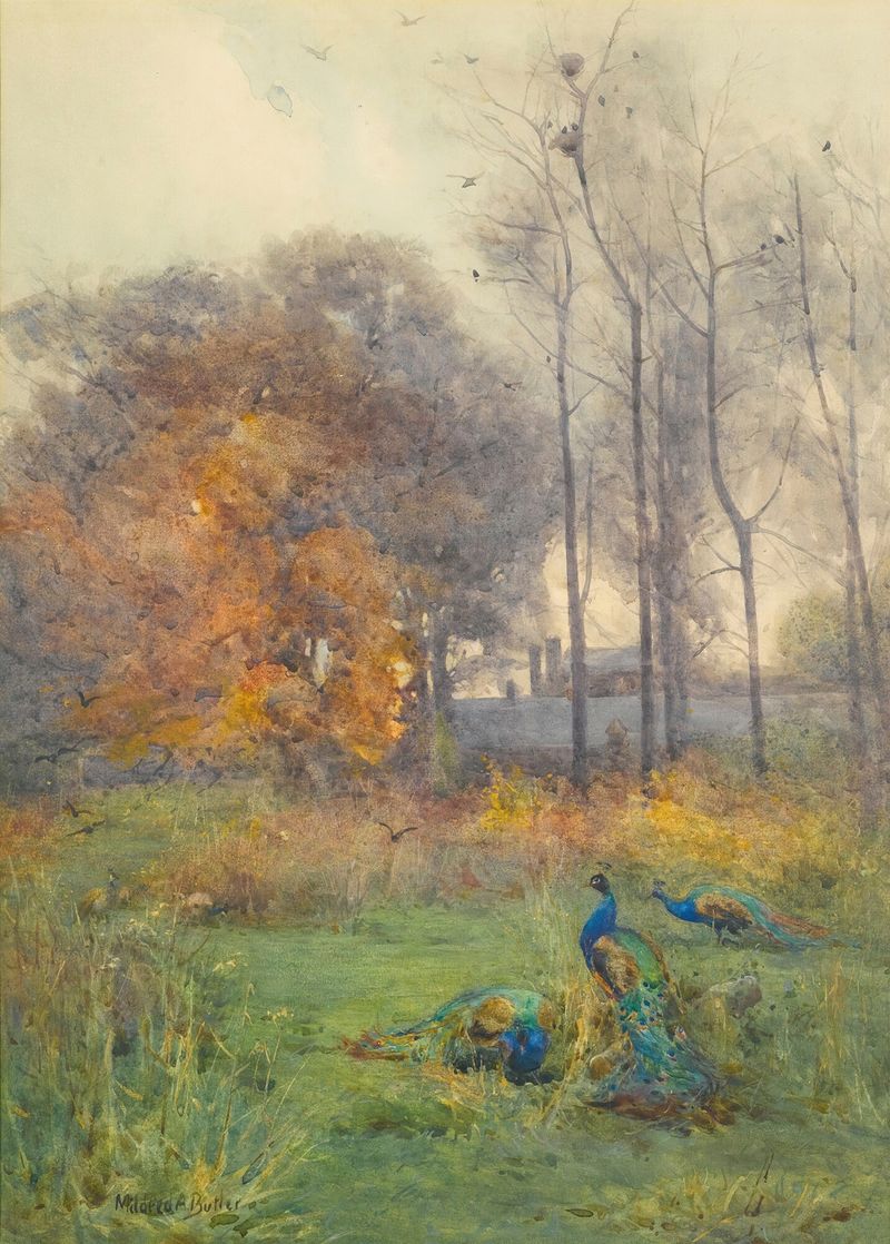 Autumn Days by Mildred Anne Butler, oil on canvas depicting autumn foliage and tranquility.