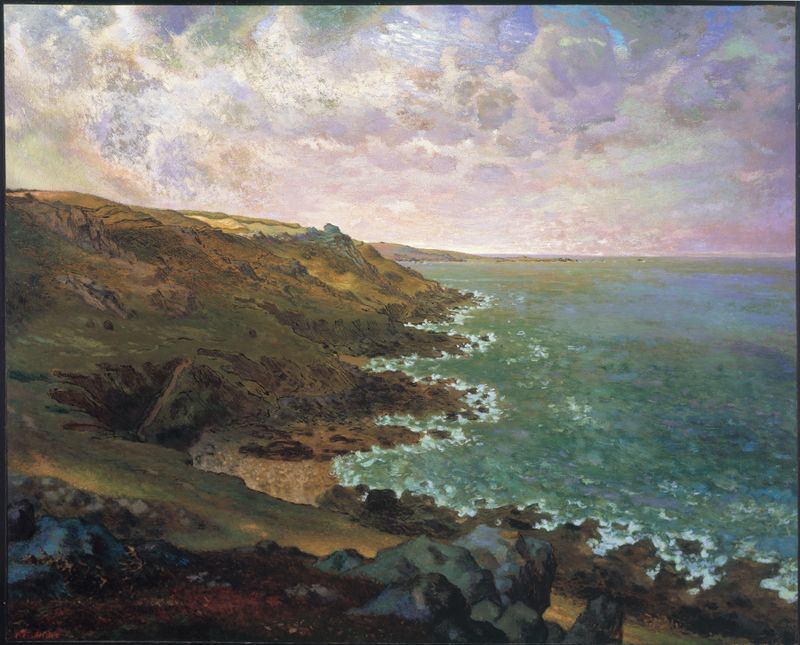 Les falaises de Gréville, oil on canvas by Jean-François Millet, depicting rugged cliffs and ocean.