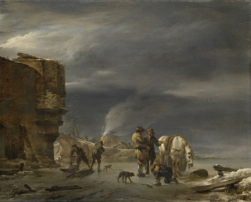 Paisaje invernal con patinadores sobre el hielo, óleo sobre lienzo de Nicolaes Pietersz Berchem