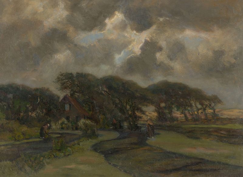 Obra de realismo de Frans Smissaert mostrando uma casa e mulheres com redes de pesca