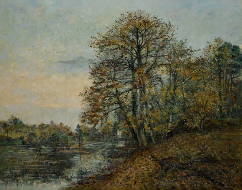 Pond in autumn with reflections, oil on canvas by Emmanuel de La Villéon