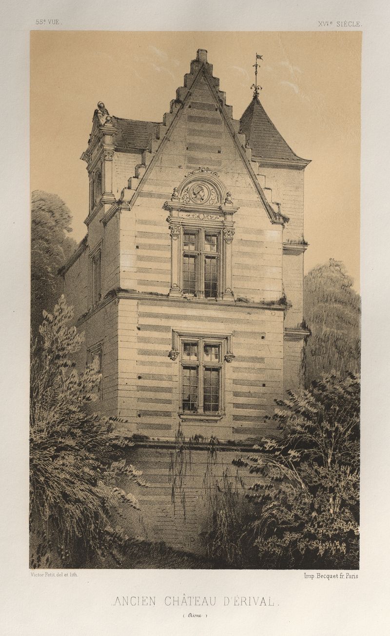 Ancien Château D’Érival de Victor Petit, óleo sobre tela que retrata um castelo contra céus apagados