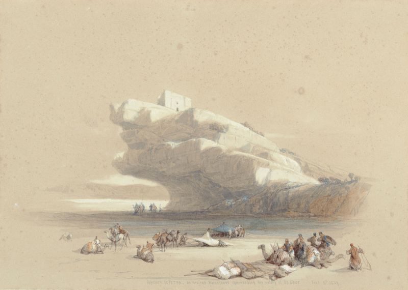Pintura al óleo de David Roberts que representa Petra con montañas y una antigua torre de vigilancia