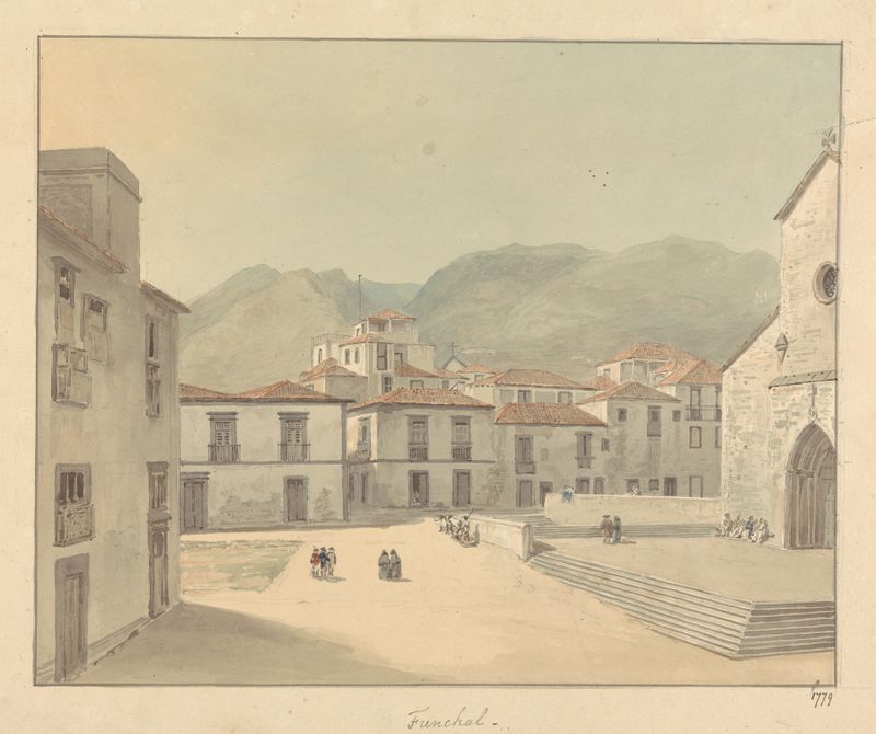 Funchal, Madeira; A Square with a Church de Samuel Davis, óleo que muestra una plaza animada con una iglesia.