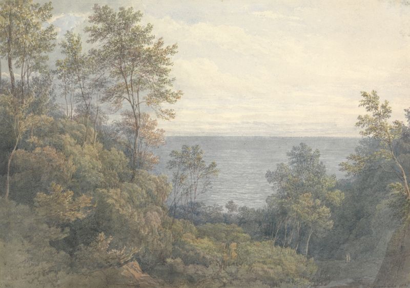 Landscape oil painting by Mary Smirke depicting hills and water with golden light