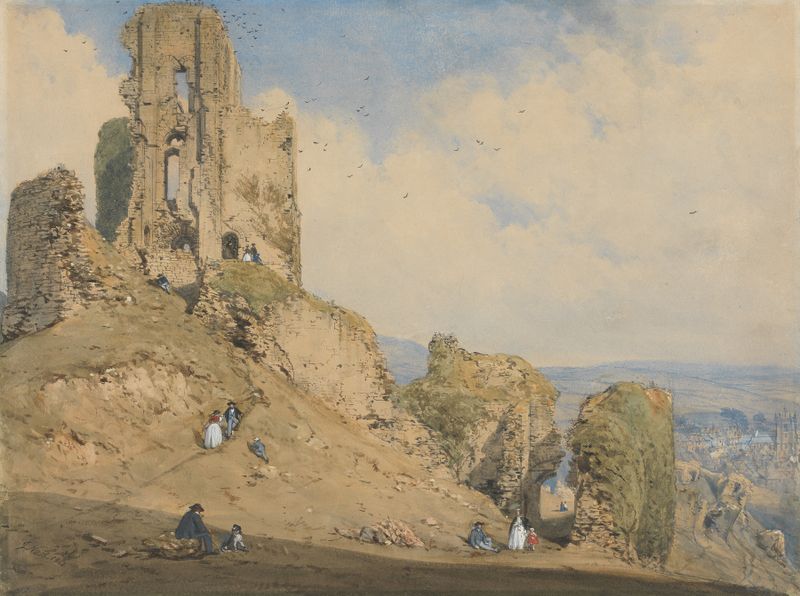 Corfe Castle, Dorset by Joseph Nash, oil on canvas depicting sunlight on ancient ruins